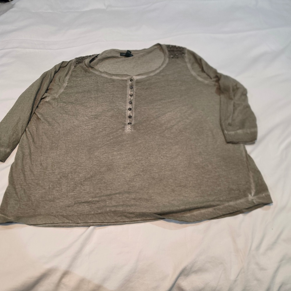 Lauren Ralph Lauren Henley Top Women 3X Olive Green Good Lace Shoulder Cotton